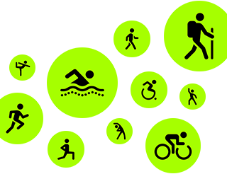 Workout icons, stick people running, walking, swimming, using wheelchair, hiking, cycling, lunging, dancing, stretching, and doing yoga