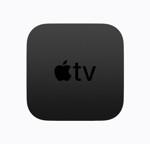Apple TV 4K, black color, top exterior, glossy black Apple TV logo