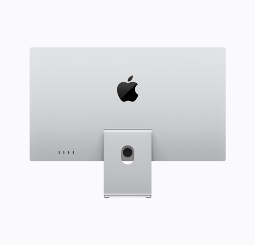 Apple Studio Display with tilt-adjustable stand, silver color, back exterior, glossy black Apple logo centered