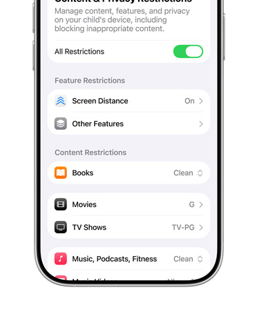 iPhone displaying content and privacy restrictions options for Child Account.