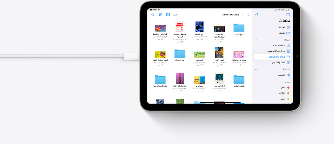 ملفات على جهاز iPad mini في وضع أفقي متصل بكابل USB-C.