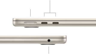 صورة للجانب الأيسر من جهاز MacBook&nbsp;Air وهو مغلق، تعرض منفذ&nbsp;MagSafe مع اثنين من منافذ ثندربولت، وللجانب الأيمن، تعرض مقبساً لسماعات الرأس