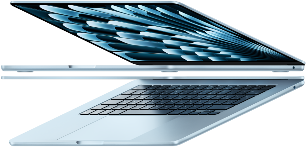 Two open MacBook Air laptops in sky blue color forming arrow shape, emphasizing narrow profile