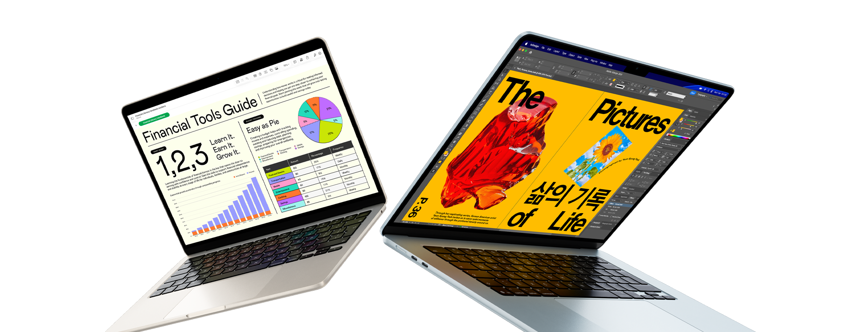 13- and 15-inch MacBook Air laptops — one screen shows Numbers work, the other shows design work