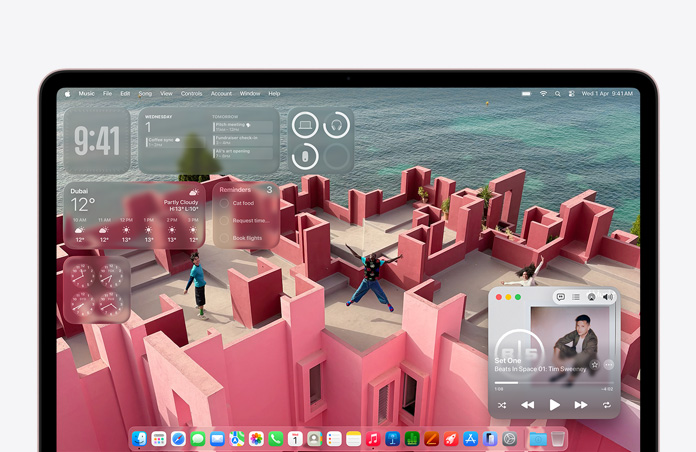 MacBook Neo screen customized with desktop background of a seaside rooftop patio and various widgets like Music, Calendar, Weather, and Reminders