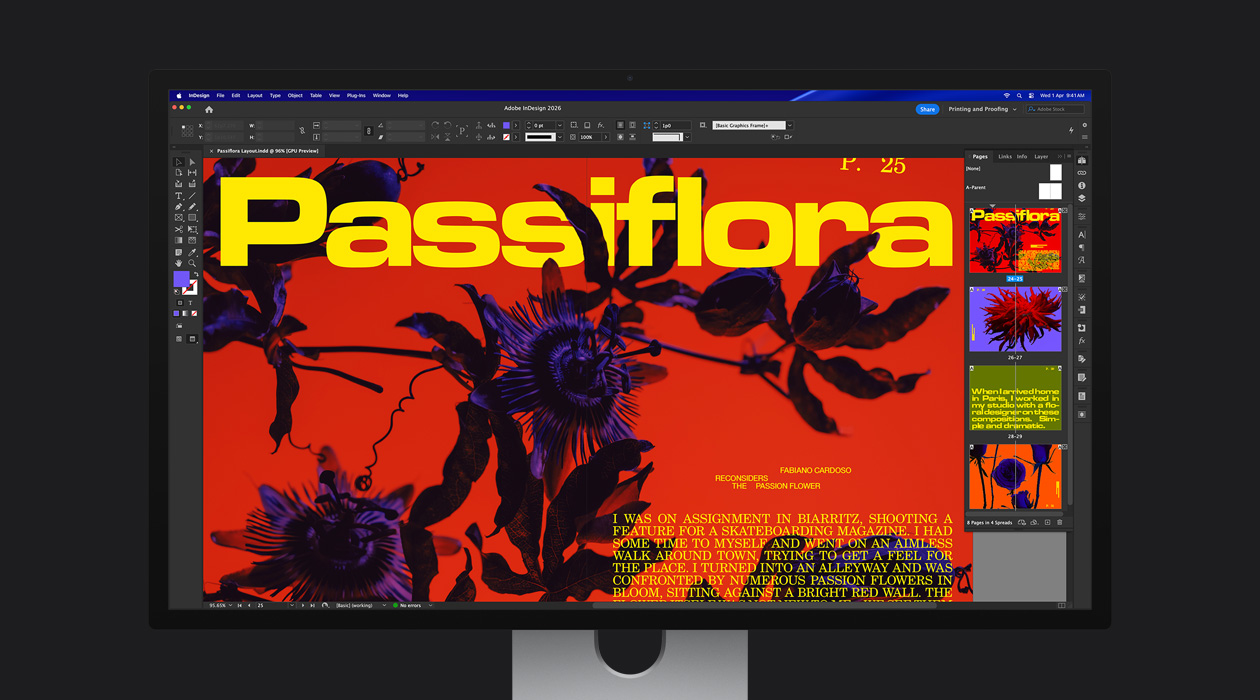 In an Adobe InDesign 2026 file, a vibrant magazine spread showcases the P3 + Adobe RGB color space