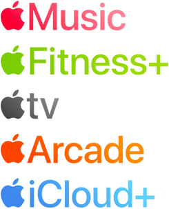 Logotipos de servicios de suscripción de Apple, como Apple Music, Fitness+, Apple TV, Apple Arcade y iCloud