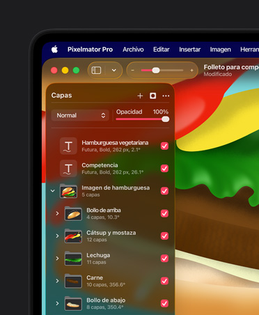Pixelmator Pro con herramientas de capas, herramientas para organizar, imagen gráfica de una hamburguesa para un folleto