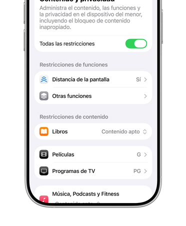 Un iPhone muestra opciones de restricción de contenido y privacidad en una Cuenta para Menores.