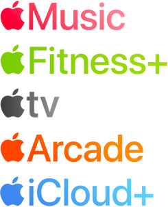 Una lista de los servicios de Apple: Apple Music, Apple Fitness Plus, Apple TV Plus, Apple Arcade y Apple iCloud Plus