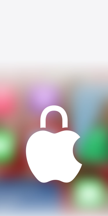 Apple privacy logo with a lock icon, white on a blurred background of the Apple HomeView home screen