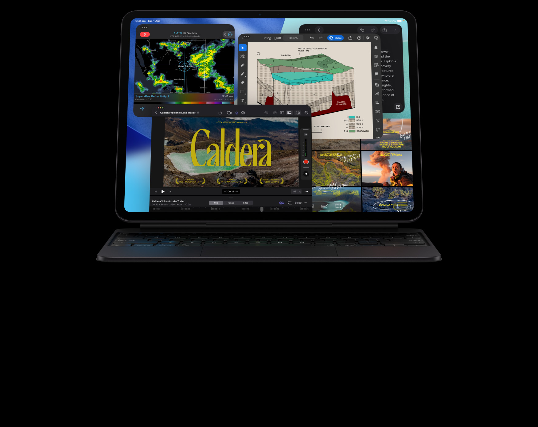 iPad Pro, front exterior, landscape orientation, space black colour, attached to Magic Keyboard, space black, display with multiple app windows: Final Cut Pro with multiple video editing features and timeline, Maps, Notes, media clips