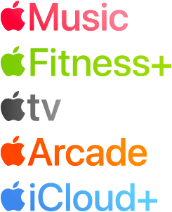 A list of Apple services: Apple Music, Apple Fitness Plus, Apple TV, Apple Arcade, and Apple iCloud Plus