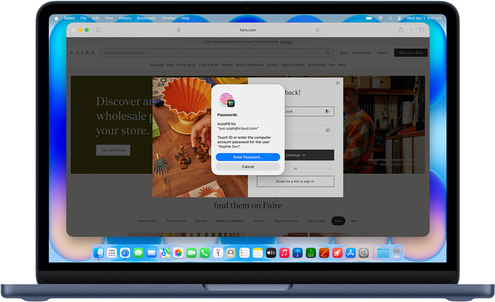 MacBook Neo w kolorze indygo, w przeglądarce Safari widać komunikat z prośbą o zalogowanie się za pomocą Touch ID lub hasła na stronie o nazwie Community Care Clinic