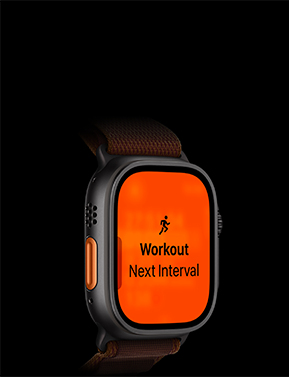 Apple Watch Ultra 4, carcasă din titan, culoare Negru, exercițiu de Alergare, intervalul următor, partea exterioară stângă, buton Acțiune portocaliu, brățară Alpină
