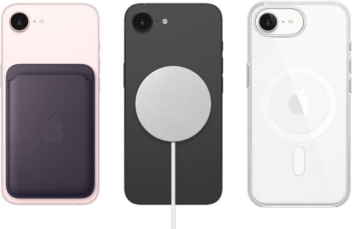 iPhone 17e, exterior spate, culoare Roz pal, cu portofelul din țesătură FineWoven cu MagSafe atașat, iPhone 17e, exterior spate, culoare Negru, cu încărcătorul MagSafe atașat, iPhone 17e, exterior spate, culoare Alb, carcasă transparentă cu MagSafe atașat
