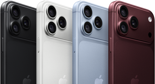 Modele iPhone 18 Pro aliniate, exterior spate, toate cele patru culori: Negru, Ghețar, Argintiu, Roșu burgund, sistem de camere Pro Fusion în colțul din stânga sus, 3 obiective, microfon, bliț