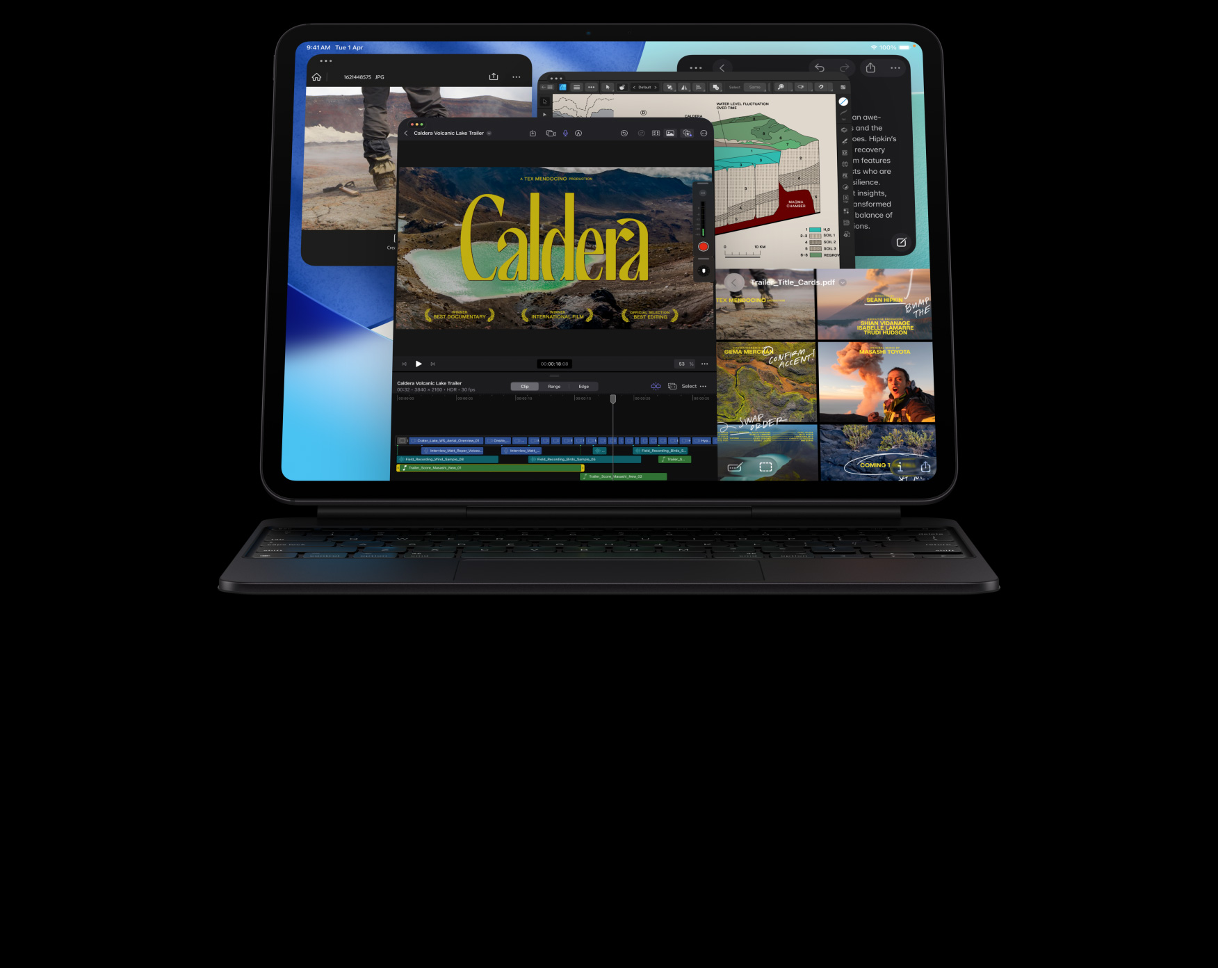 iPad Pro, front exterior, landscape orientation, space black colour, attached to Magic Keyboard, space black, display with multiple app windows: Final Cut Pro with multiple video editing features and timeline, Maps, Notes, media clips