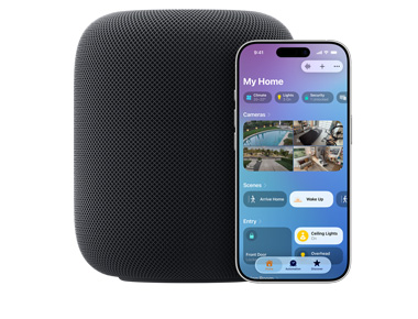 A Midnight HomePod with iPhone showing My Home UI on the Home app