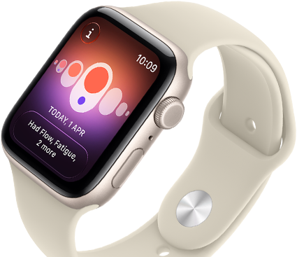 Apple Watch SE 3, aluminum case, starlight color, Cycle Tracking with different menstrual symptoms, right side exterior, Digital Crown, side button, Sport Band, sand color