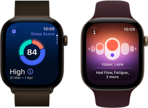 Two Apple Watch Series 12 devices, dark bronze aluminum case, sleep score circle graph, Digital Crown, dark bronze Milanese Loop band, light gold aluminum case, Cycle Tracking, burgundy Sport Band
