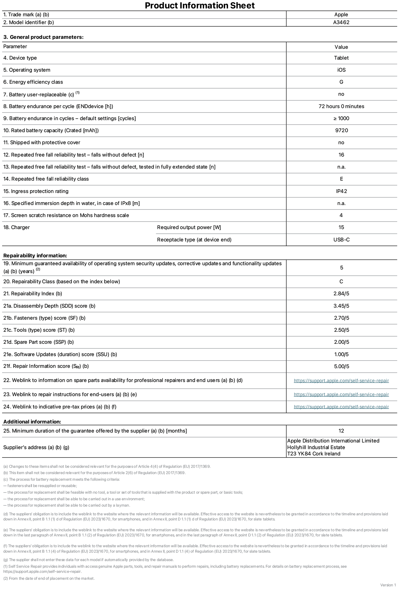 Product information sheet for 13-inch iPad Air Wi-Fi + Cellular, model A3462. Supplied by Apple Distribution International Limited, Hollyhill Industrial Estate. Cork, Ireland, T23 YK84. Device type: tablet. Operating system: iOS. Energy efficiency class: G. Battery user-replaceable: no. Battery endurance per cycle: 72 hours. Battery endurance in cycles - default settings: greater than or equal to 1,000. Rated battery capacity: 9720 milliampere-hours. Shipped with protective cover: no. Repeated free fall reliability test - falls without defect: greater than or equal to 51. Repeated free fall reliability test - falls without defect tested in fully extended state: not applicable. Repeated free fall in reliability class: E. Ingress protection rating: IP42. Specified immersion depth in water, in case of iPx8: not applicable. Screen scratch resistance on Mohs hardness scale: 4. Charger required output power: 15 watts. Charger receptacle type (at device end): USB-C. Minimum guaranteed availability of operating system security updates, corrective updates and functionality updates: 5 years. Repairability class: C. Repairability index: 2.84/5. Disassembly Depth (SDD) score: 3.45/5. Fasteners score: 2.70/5. Tools score: 2.50/5. Spare part score: 2.00/5. Software updates score: 1.00/5. Repair information score: 5.00/5. Weblink to information on spare parts availability for professional repairers and end-users: https://support.apple.com/self-service-repair. Weblink to repair instructions for end-users: https://support.apple.com/self-service-repair. Weblink to indicative pre-tax prices: https://support.apple.com/self-service-repair. 12 month general guarantee offered.