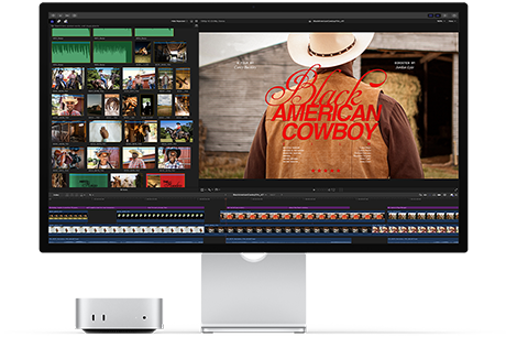 Mac mini paired with Studio Display, screen shows a title screen from a film titled Black American Cowboy on the right, several image stills on the left