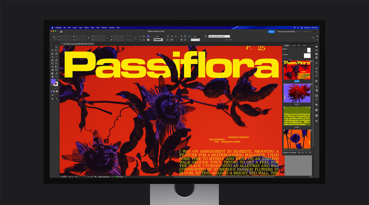 In an Adobe InDesign 2026 file, a vibrant magazine spread showcases the P3 + Adobe RGB color space
