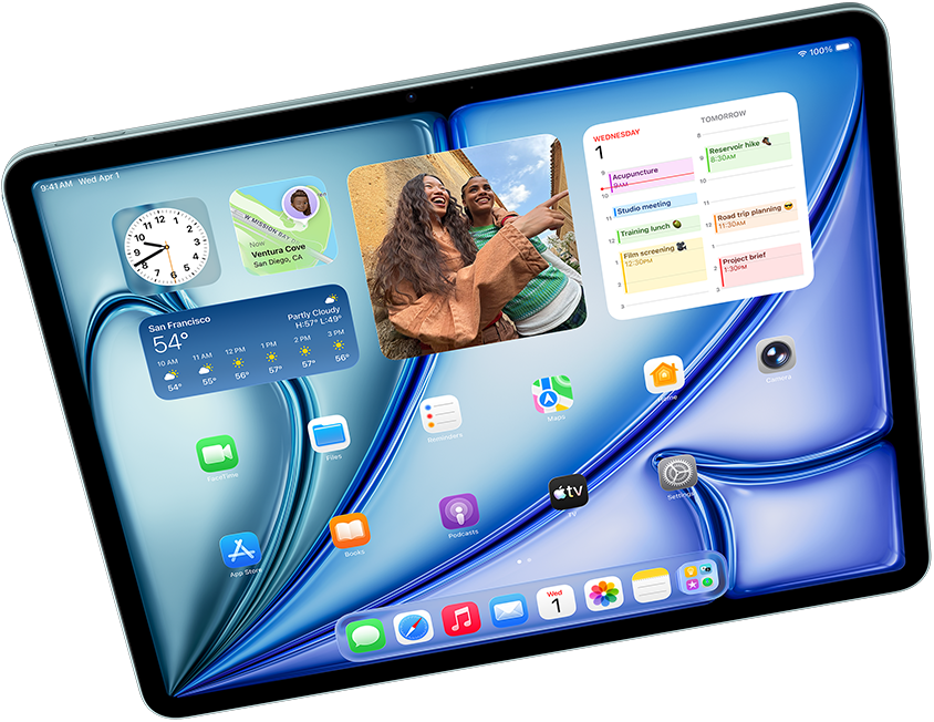 Horizontálne otočený iPad Air s ceruzkou Apple Pencil Pro. Na obrazovke je Apple Intelligence s Image Playground a Keynote.