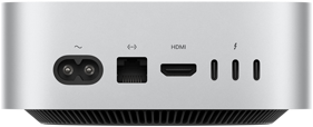 Mac mini zozadu, napájacia zásuvka, ethernetový port, port HDMI, tri porty Thunderbolt