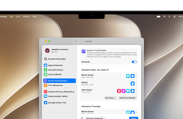 หน้าจอ MacBook Pro แสดงตัวเลือกเวลาที่อนุญาตและกำหนดเวลาสำหรับเวลาหน้าจอในการตั้งค่า เพื่ออนุญาตเวลาและหมวดหมู่สื่อสำหรับเด็ก