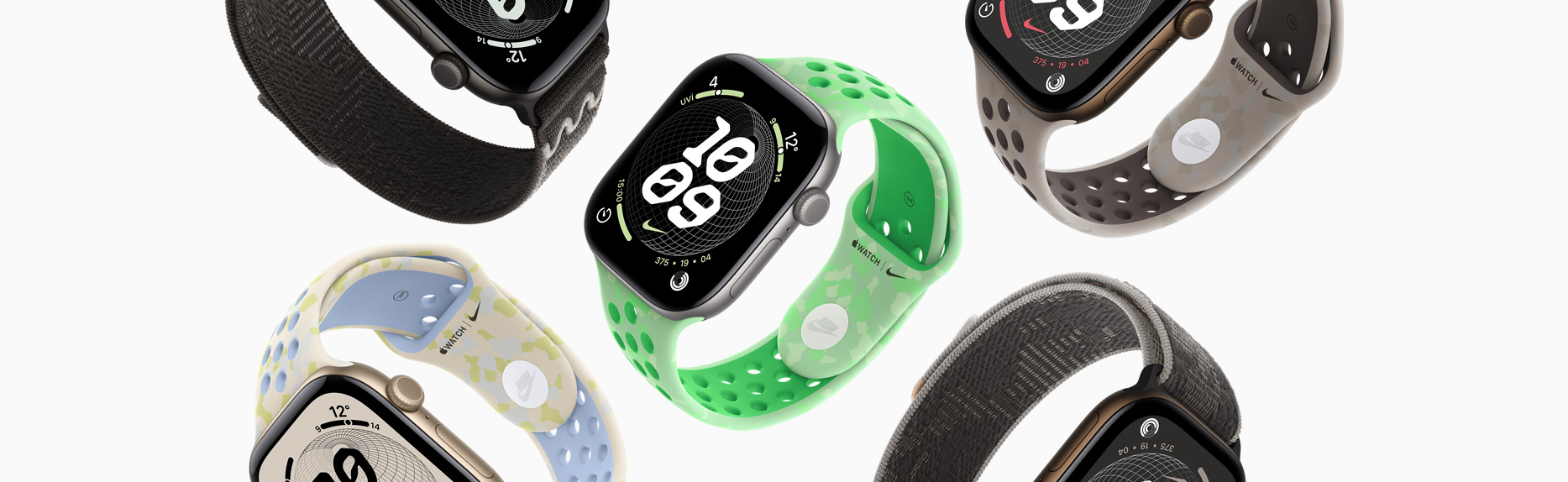 Apple Watch aygıtları, çeşitli Nike kordonları ve Nike saat kadranları