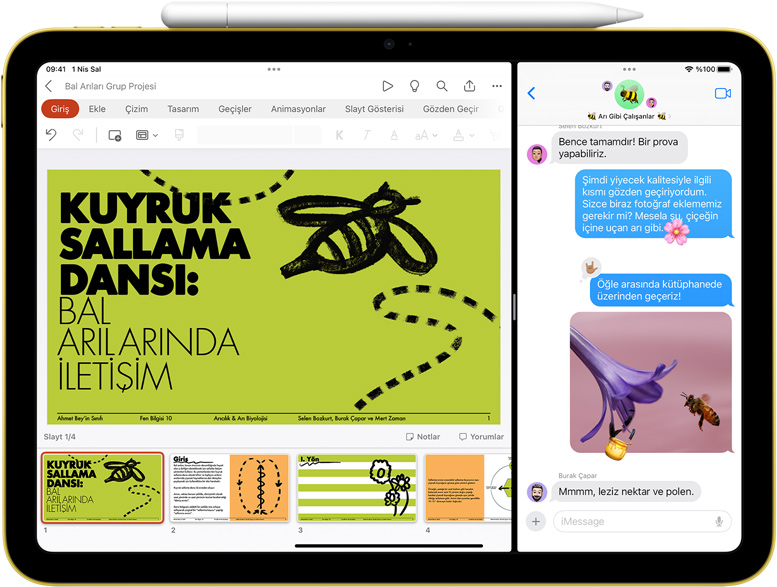 Apple Pencil’ın manyetik olarak yapışmış olduğu iPad’de Split View ile açılmış Powerpoint ve Mesajlar.