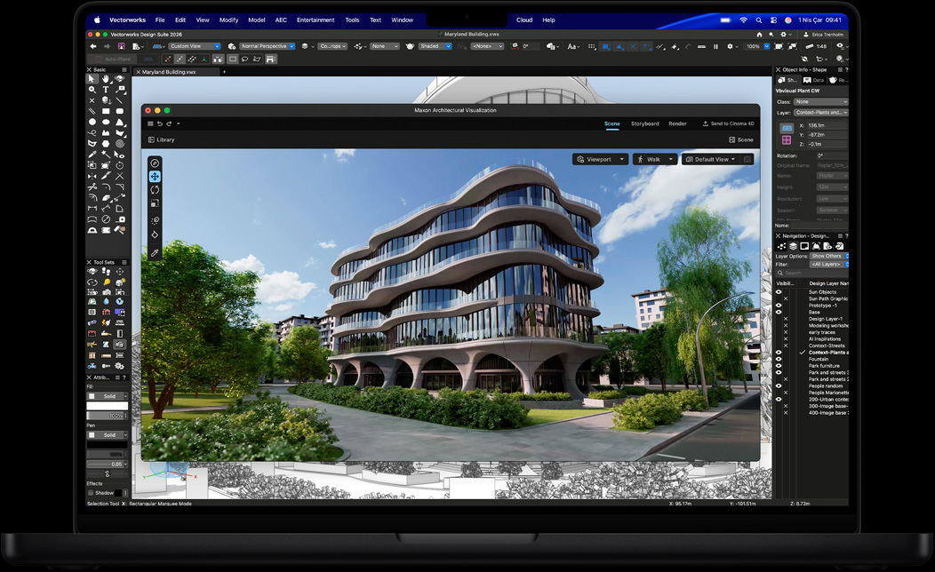 Maxon Redshift ile Vectorworks Design Suite’i gösteren MacBook Pro ekranı