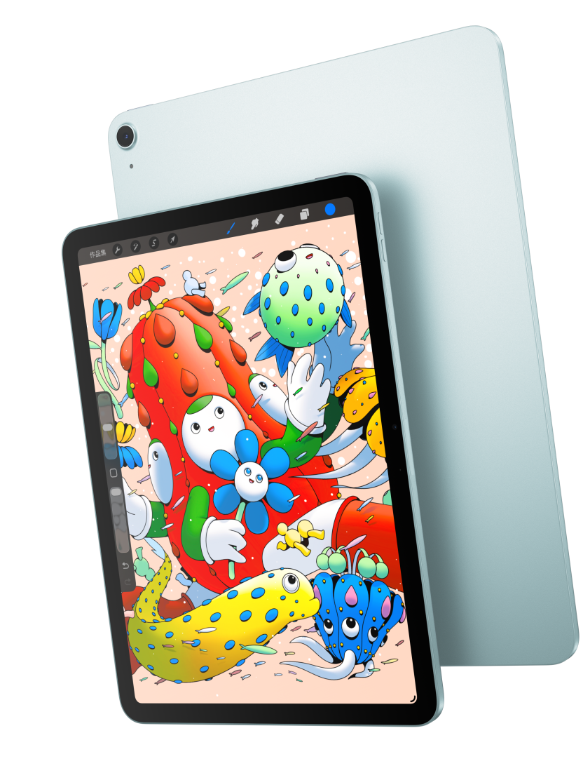 11 吋 iPad Air 的機身正面外觀，螢幕顯示 Procreate app，背後重疊擺放的另一部藍色 iPad Air 則露出機身背面外觀