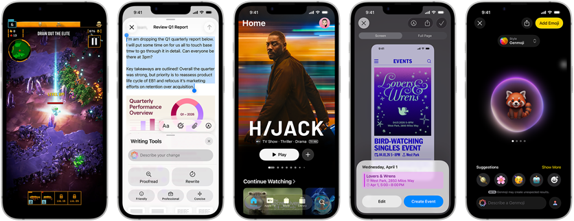 Два iPhone 17e, на екранах яких відображаються різні вікна: гра, функція «Засоби письма», додаток Apple TV, створення події в календарі, створення Genmoji