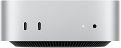 Mac mini, передня панель, два порти Thunderbolt, індикатор стану та порт для навушників, чорна звужена основа знизу, пласка верхня частина, заокруглені сторони, прямі краї, сріблястий колір