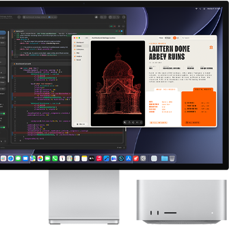 Studio Display XDR, на екрані показано оброблення документа в Claude Agent у XCode, Mac Studio, вид спереду