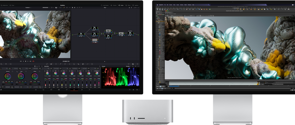 Монітори Studio Display і Studio Display XDR, по одному з кожного боку Mac Studio, відображають робочий простір митця, програмні засоби й інструменти для 3D-моделювання