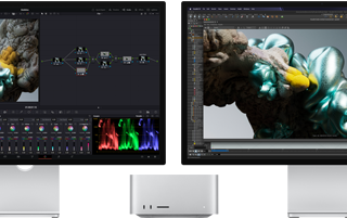 Монітори Studio Display і Studio Display XDR, по одному з кожного боку Mac Studio, відображають робочий простір митця, програмні засоби й інструменти для 3D-моделювання