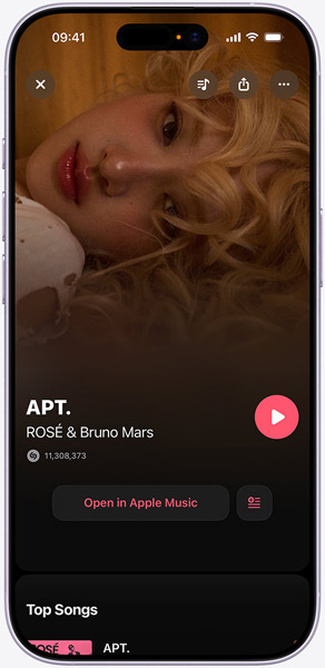iPhone screen shows “APT” by ROSÉ and Bruno Mars indicating that Shazam has identified the song