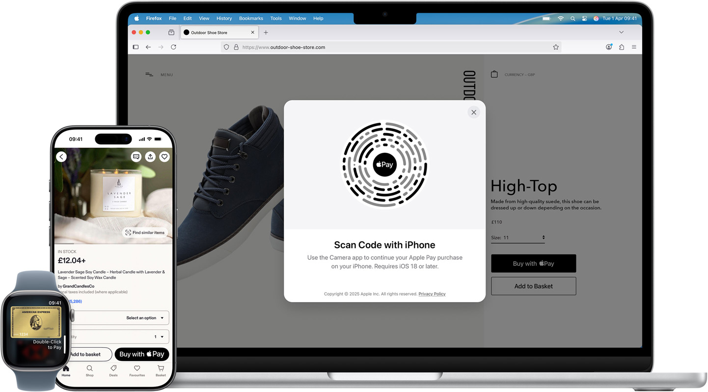 An Apple Watch, an iPhone and a MacBook Pro all side by side. The Apple Watch shows an American Express credit card. The iPhone shows a Etsy product page with a candle and the option to pay with Apple Pay. The MacBook Pro displays a product page on the Outdoor Shoe Store website and an Apple Pay overlay with a QR code prompting the payer to use their iPhone to continue their purchase.