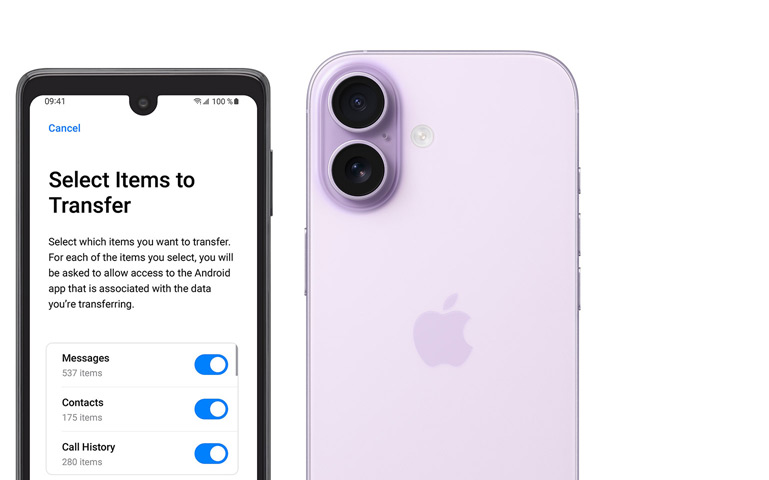 Side by side, Android screen showing Move to iOS App, iPhone 17, back exterior, Advanced dual-camera system in top left corner