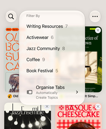 iPhone Safari browser, displaying the Filter menu with categories like Writing Resources, Activewear, Jazz Community, Coffee and Book Festival, with Automatically Organise option selected