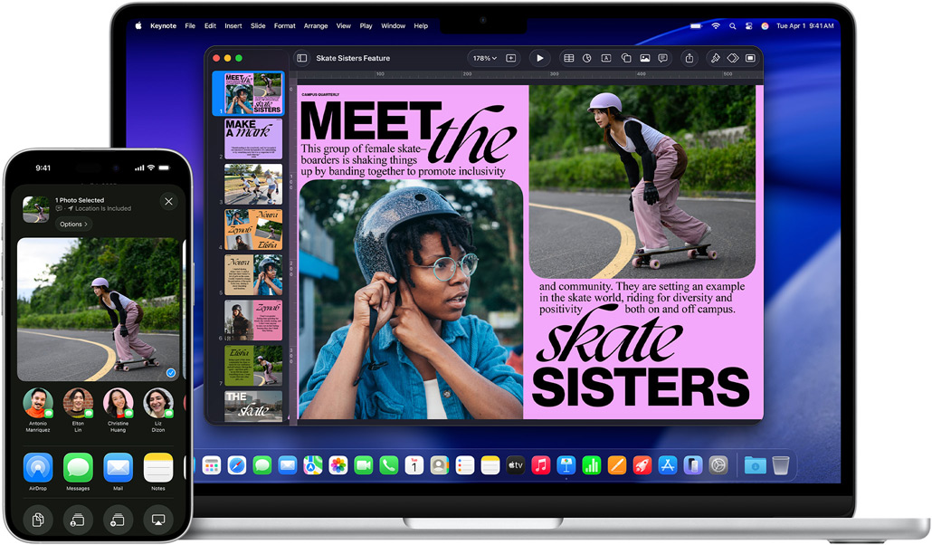 iPhone 16 Plus with Photo app open, 13-inch MacBook Air with a Keynote slide open, same photo from iPhone visible on slide