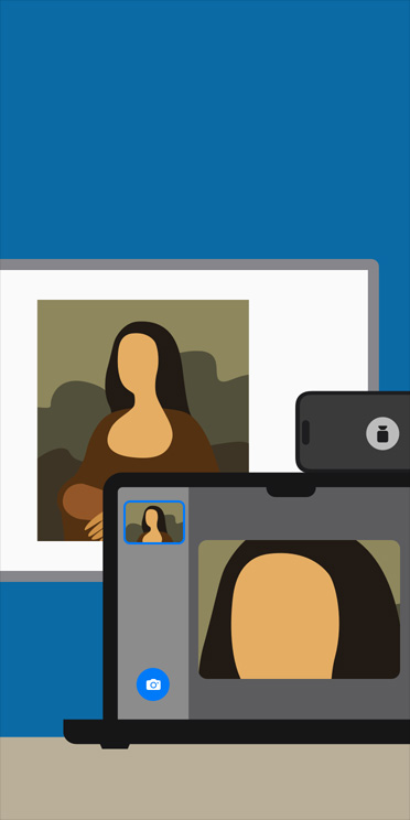 Animated illustration of Magnifier app on MacBook screen zooming in on image of Mona Lisa shown on classroom whiteboard