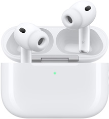 AirPods Pro 3 și carcasă de încărcare MagSafe (USB‑C), exterior rotunjit al carcasei, indicator LED de alimentare, capacul carcasei deschis, culoare albă, căști wireless cu adaptoare auriculare din silicon, interiorul tijei are litera L și litera R