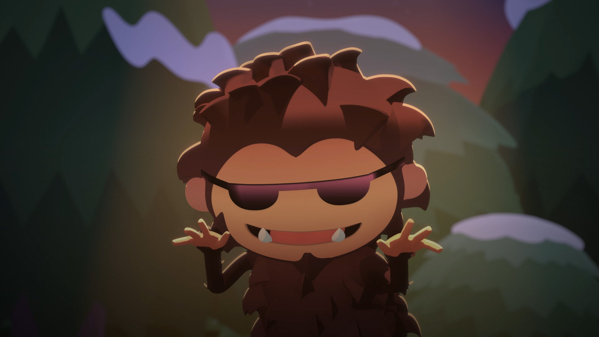Sneaky Sasquatch wearing sunglasses at night and dancing in a snowy forest.