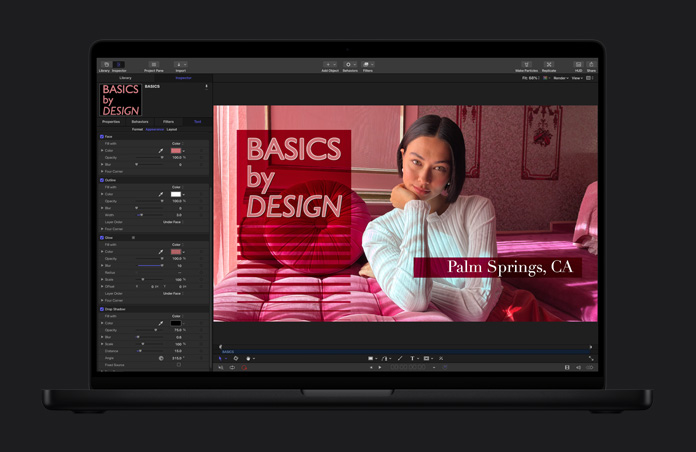 MacBook Pro 16 screen, Final Cut Pro, graphic design, typographic overlay, person in white sweater, pink furniture, pink room