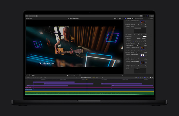 MacBook Pro 16 screen, Final Cut Pro timeline featuring a cropped video clip showing a recording studio with curtains in the background.